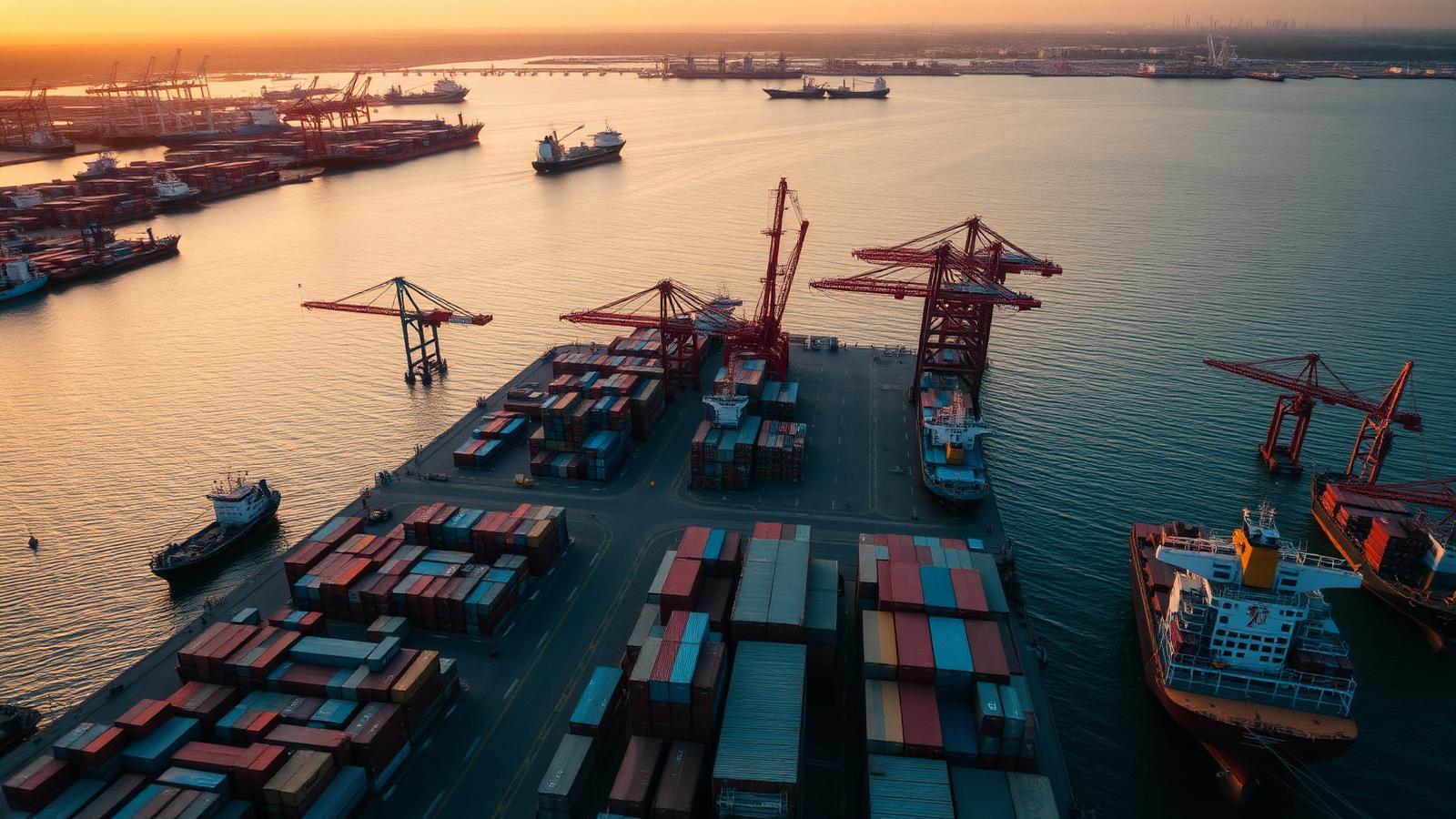 Mombasa port cranes and shipping containers at golden hour